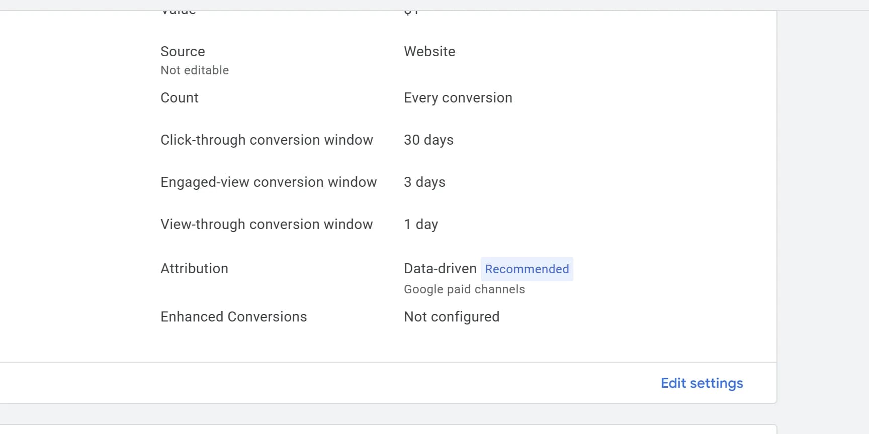 The action's details, showing Count: Every conversion, with Edit settings highlighted.