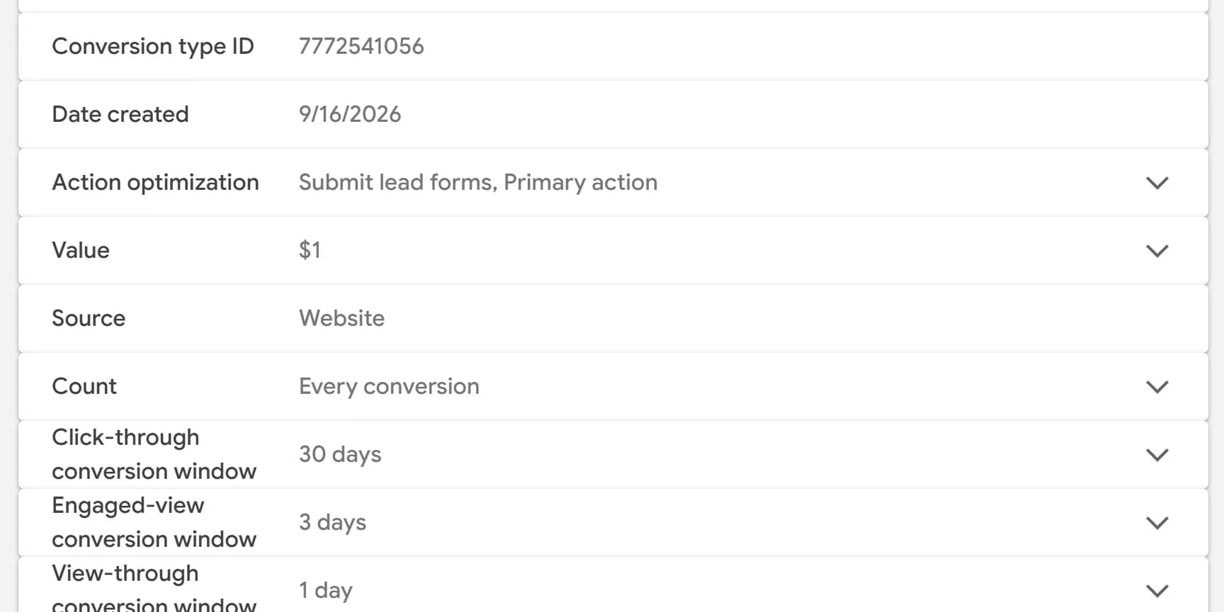 The Settings tab, with the Count row, reading Every conversion, highlighted.