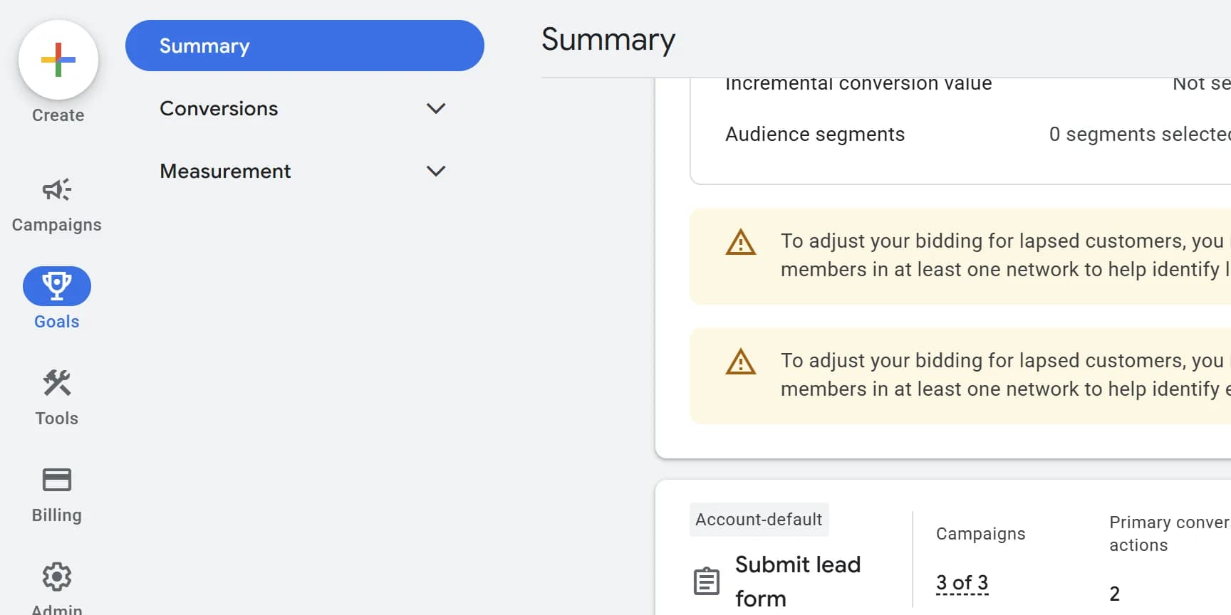 The Goals summary page in Google Ads, with Conversions highlighted in the left menu.