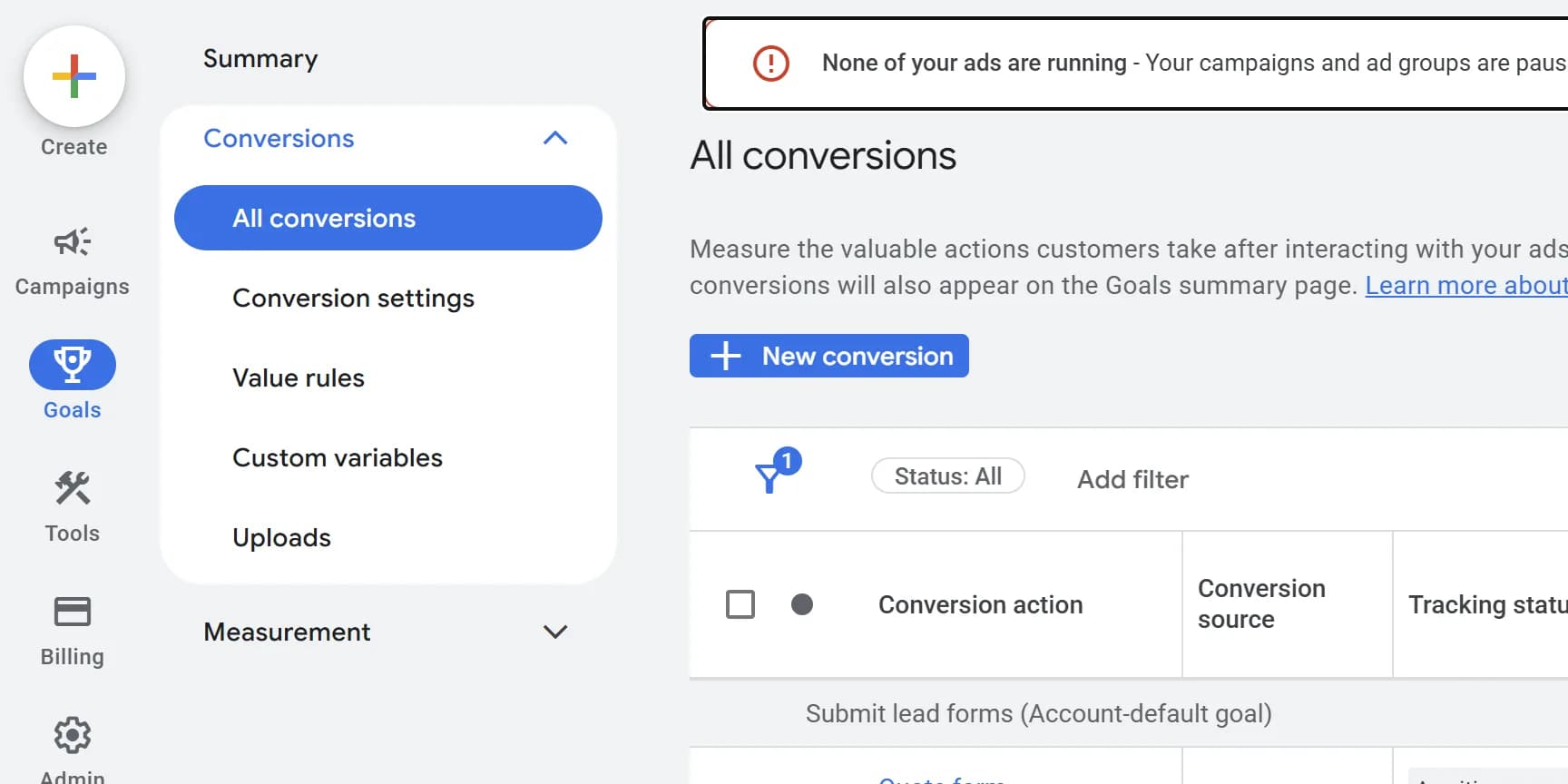 The All conversions page, with All conversions highlighted in the left menu.