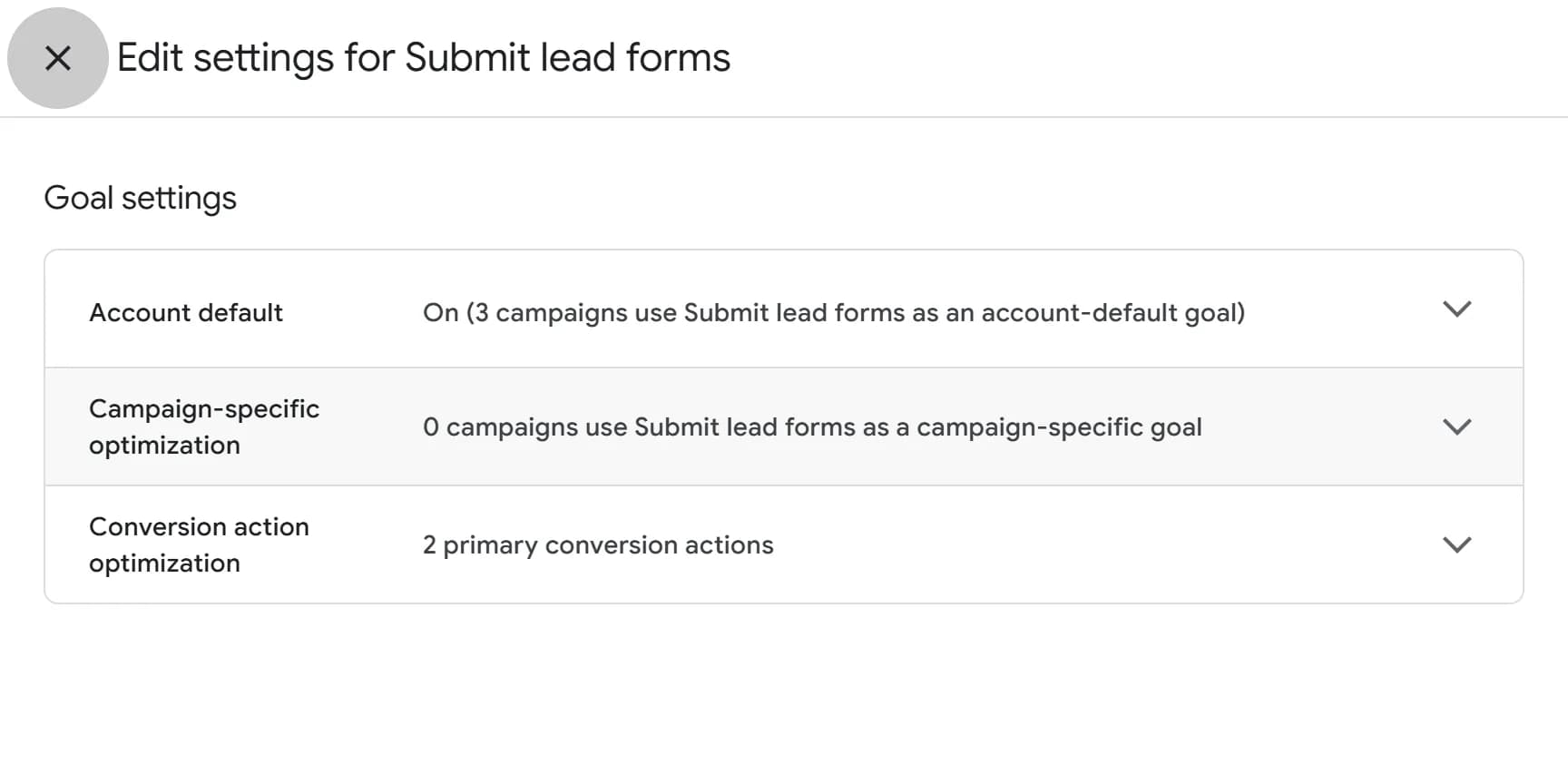 The Edit settings for Submit lead forms panel, with the Conversion action optimization row highlighted.