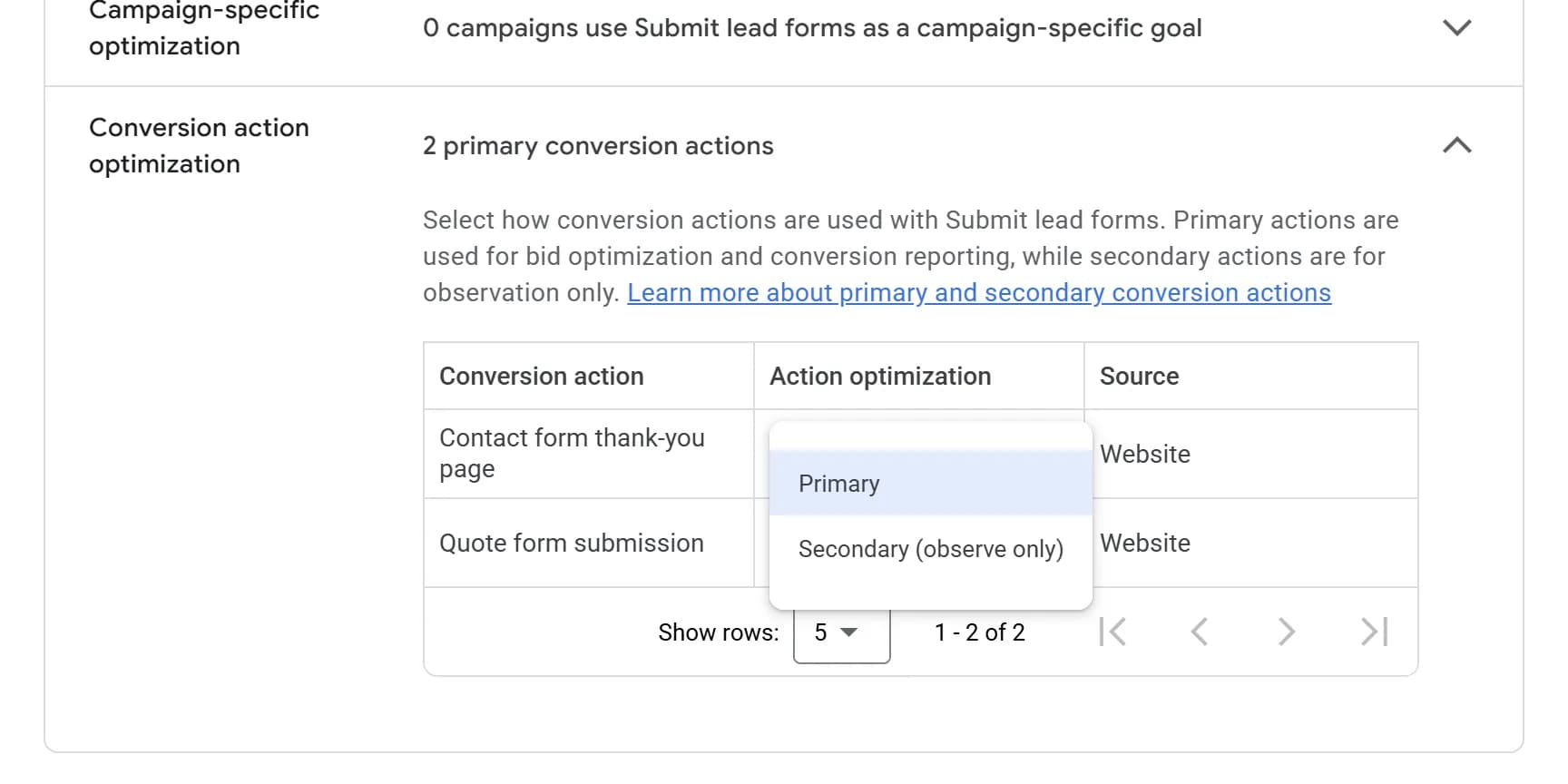 The dropdown open on Primary and Secondary (observe only), with Secondary (observe only) highlighted.