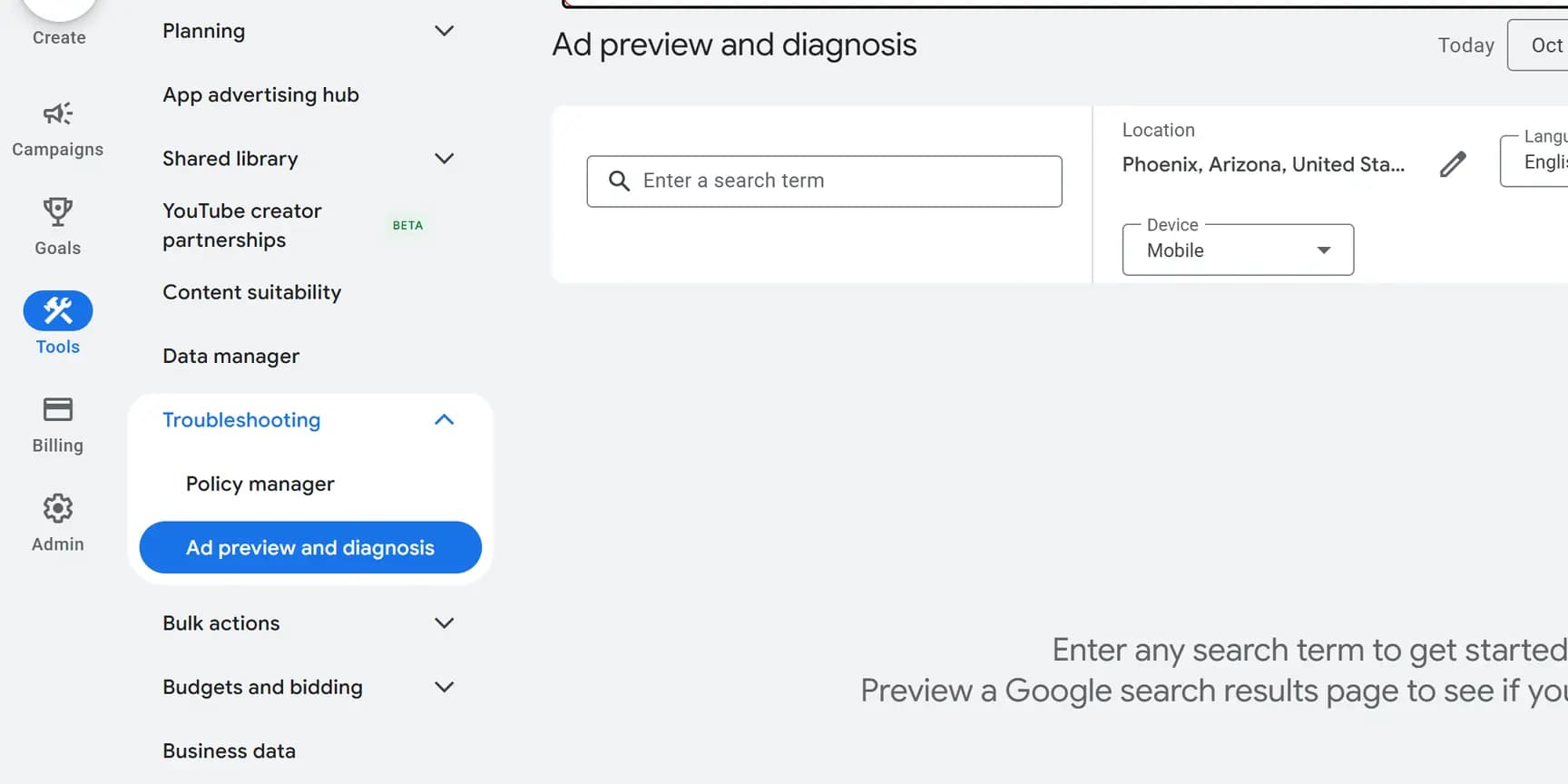 The Google Ads Tools menu open with Troubleshooting expanded and Ad preview and diagnosis highlighted.