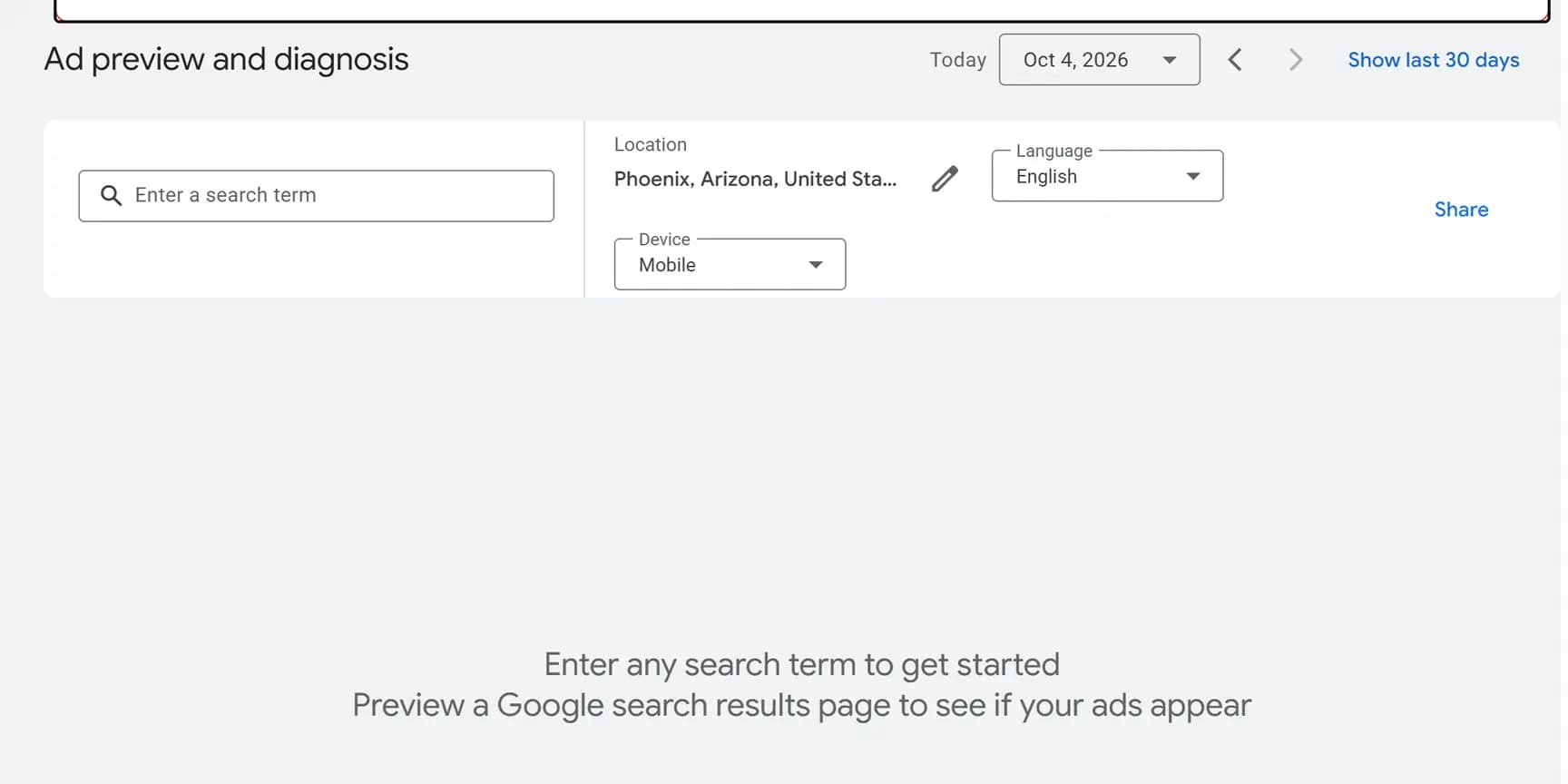 The Ad preview and diagnosis page with the search box and the Location, Language and Device settings highlighted.