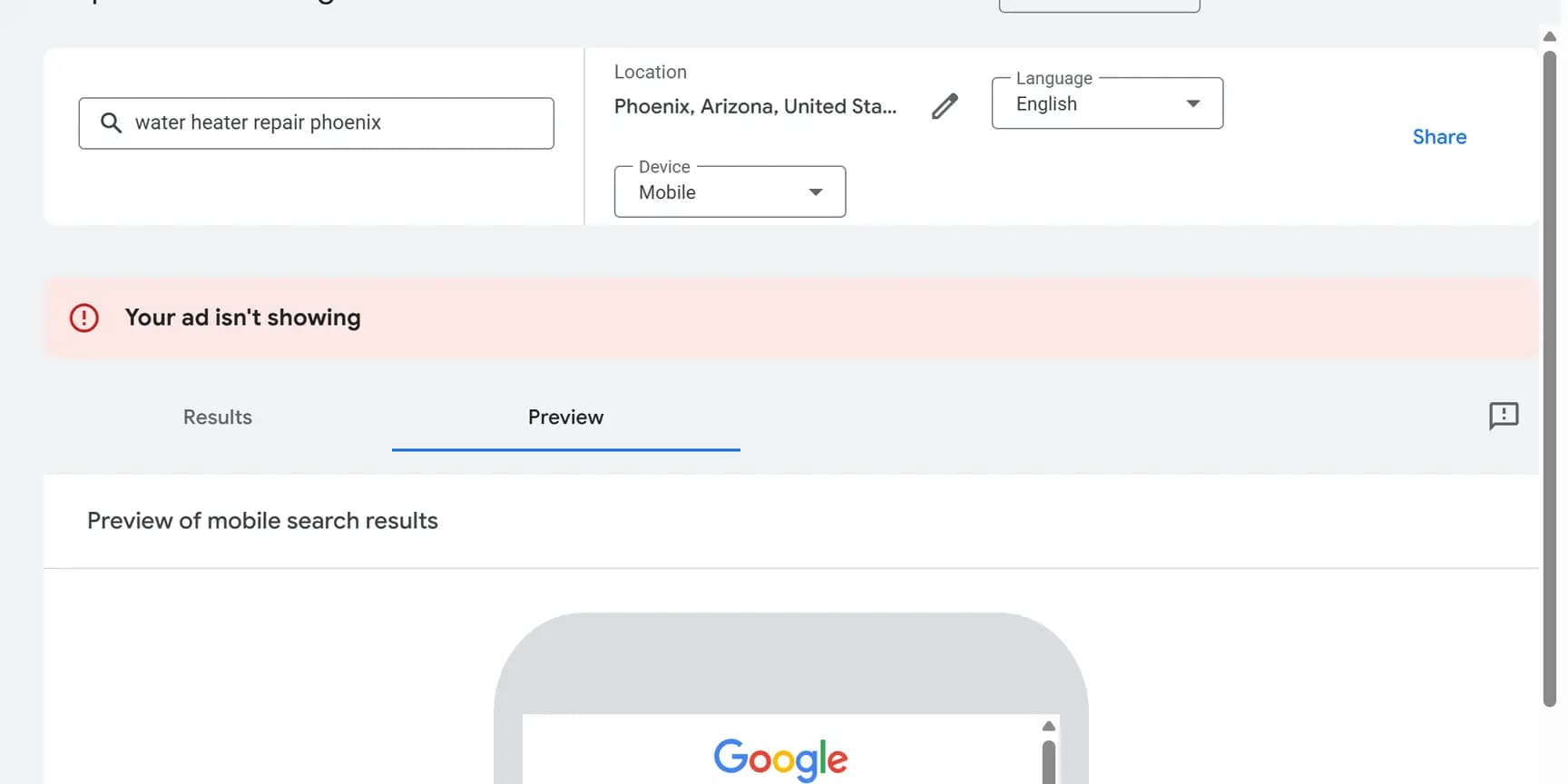 A preview for the search water heater repair phoenix on mobile, with a red banner reading Your ad isn't showing above the Results and Preview tabs.