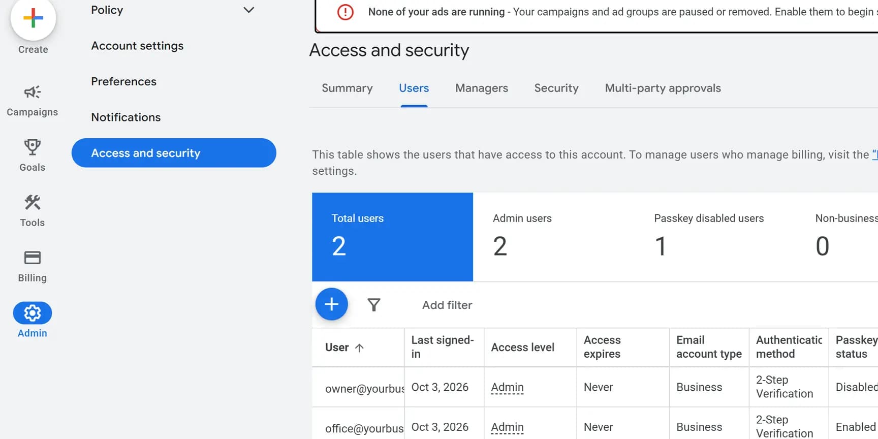 The Google Ads Admin menu with Access and security selected, showing the Users tab.