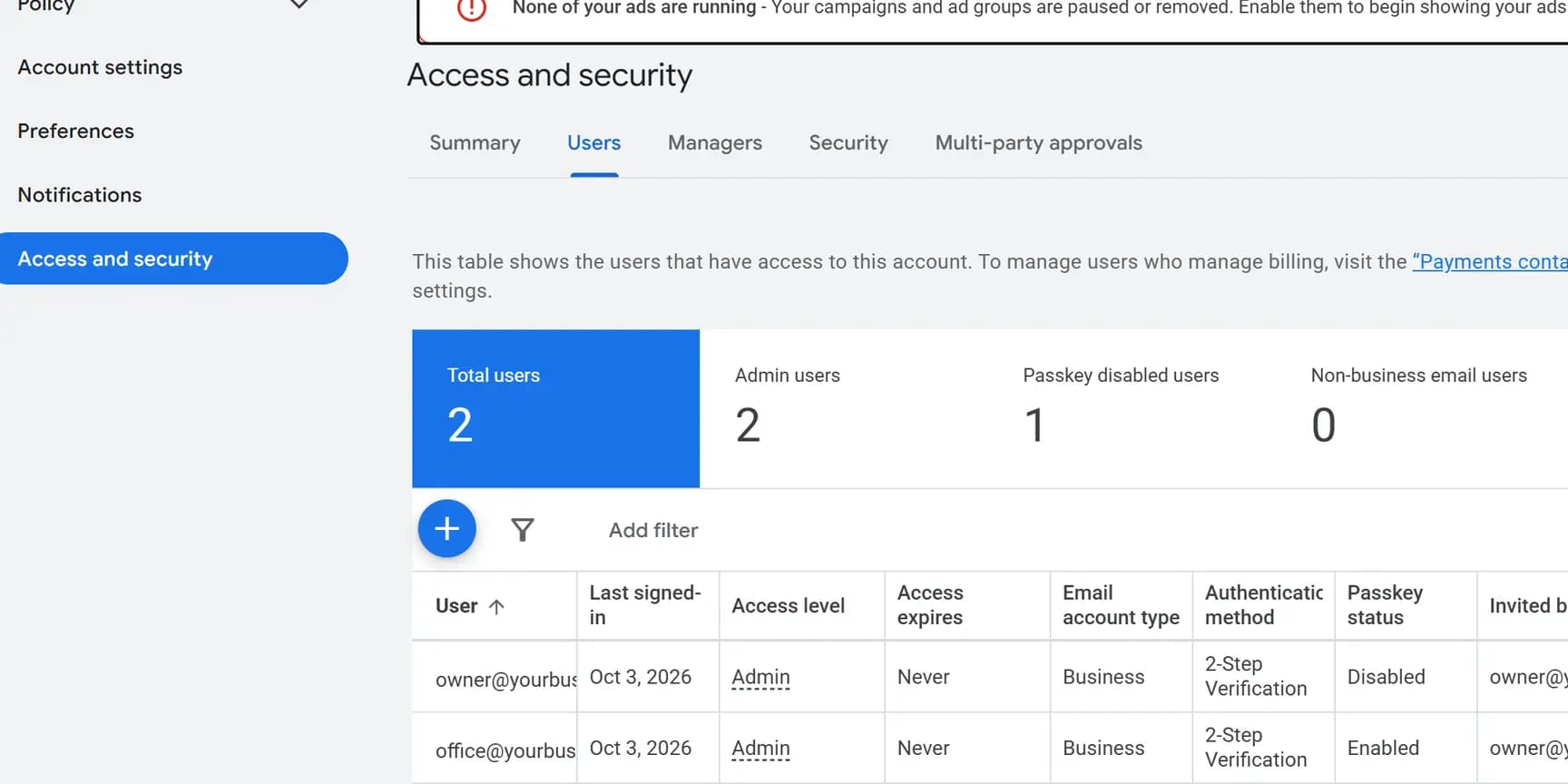 The Users tab of Access and security, with the blue plus button above the users table highlighted.