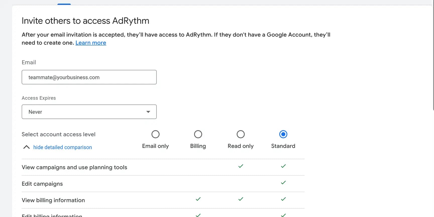 The Invite others to access form with an email address entered, Access Expires set to Never, and Standard selected among Email only, Billing, Read only and Standard.