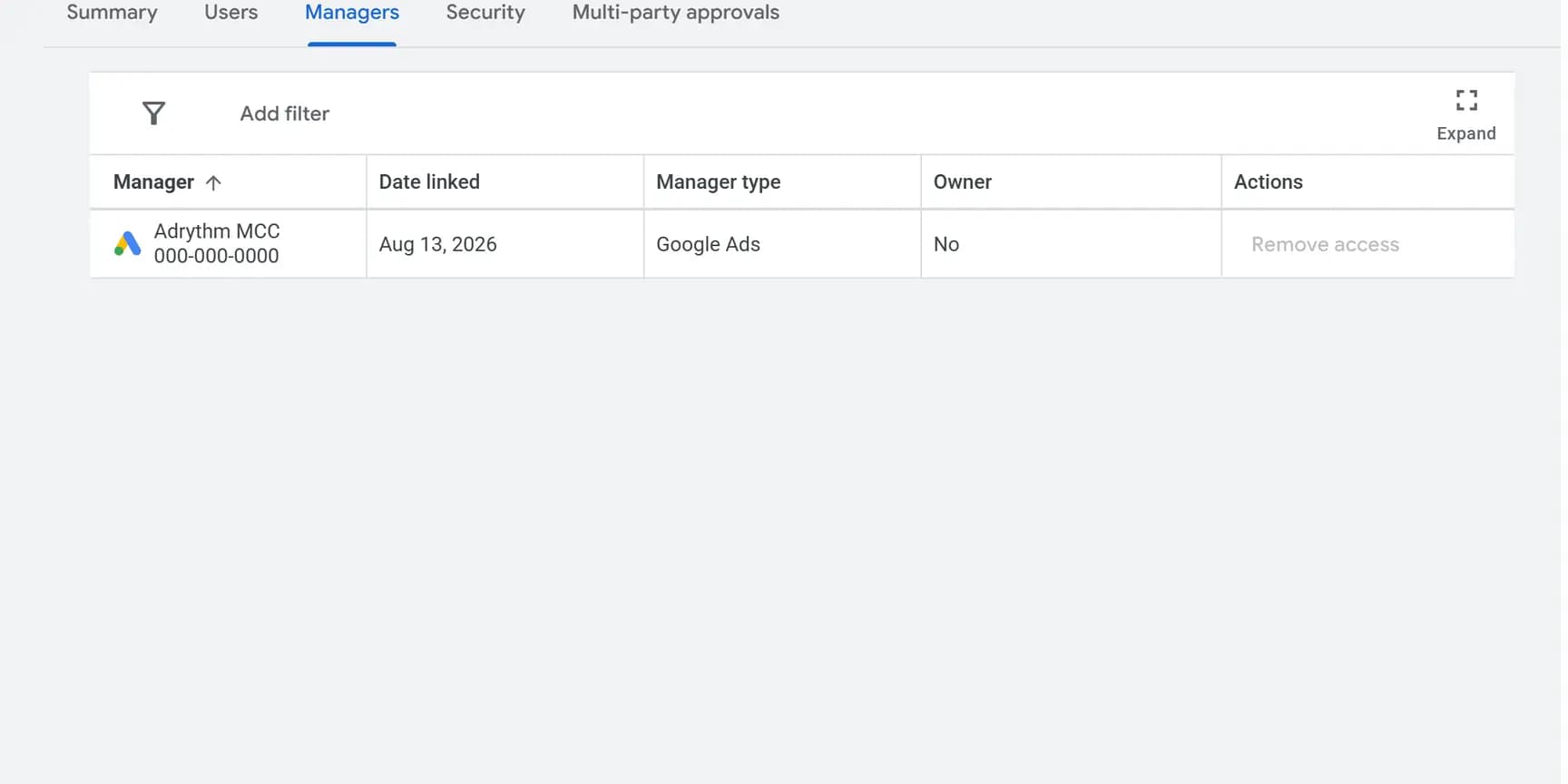The Managers tab of Access and security listing one linked manager account, with No in the Owner column.