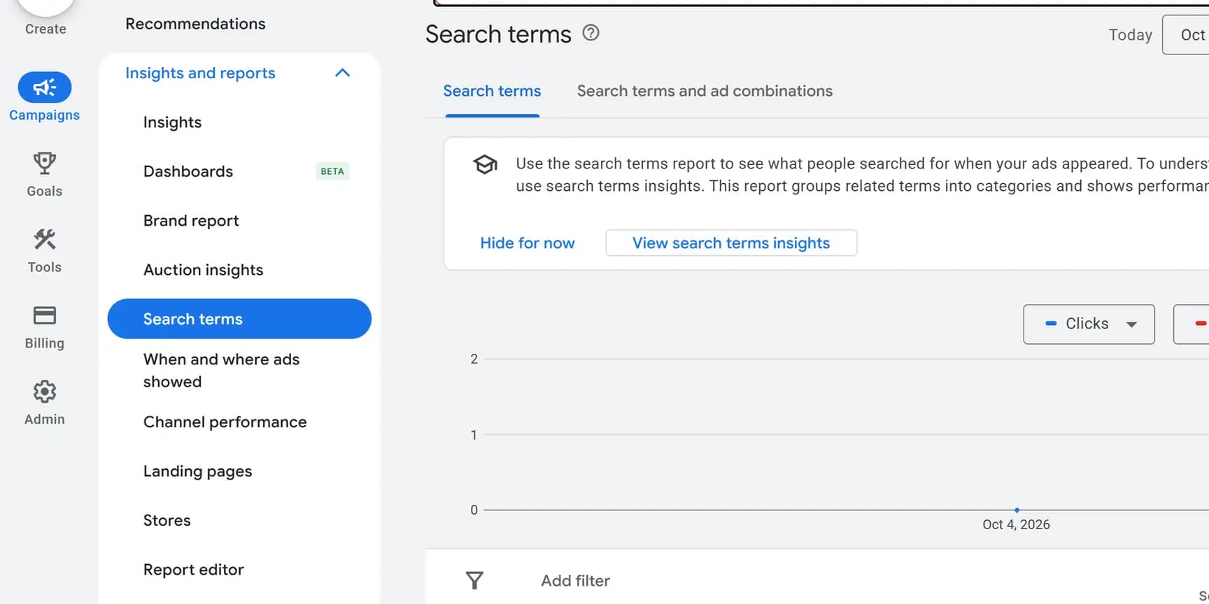 The Google Ads Campaigns menu open with Insights and reports expanded and Search terms highlighted.