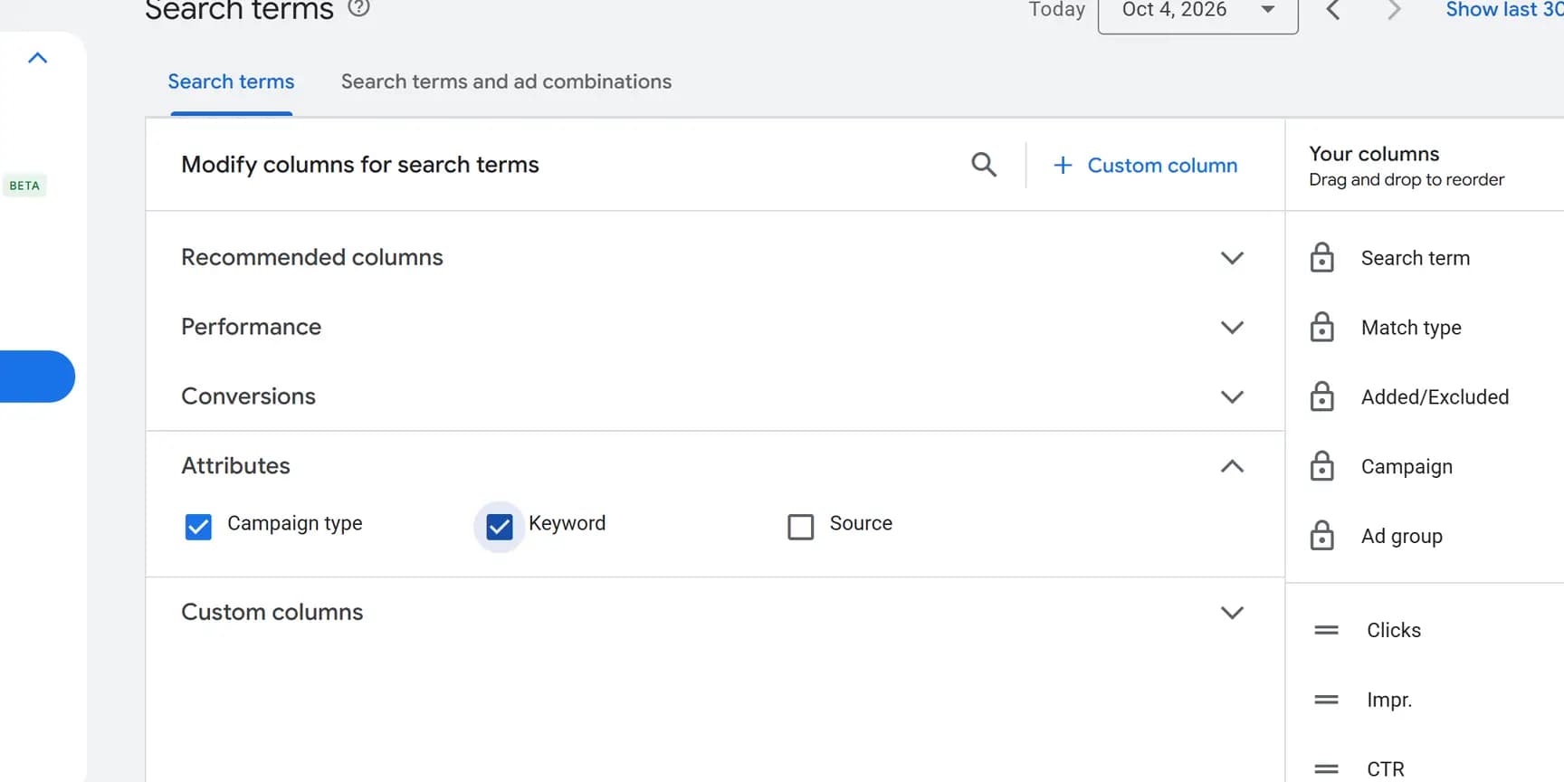 The Modify columns for search terms panel with Attributes open and Keyword ticked.