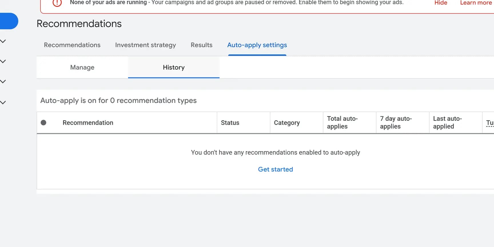 The Recommendations page on the Auto-apply settings tab, with the History tab open next to Manage.