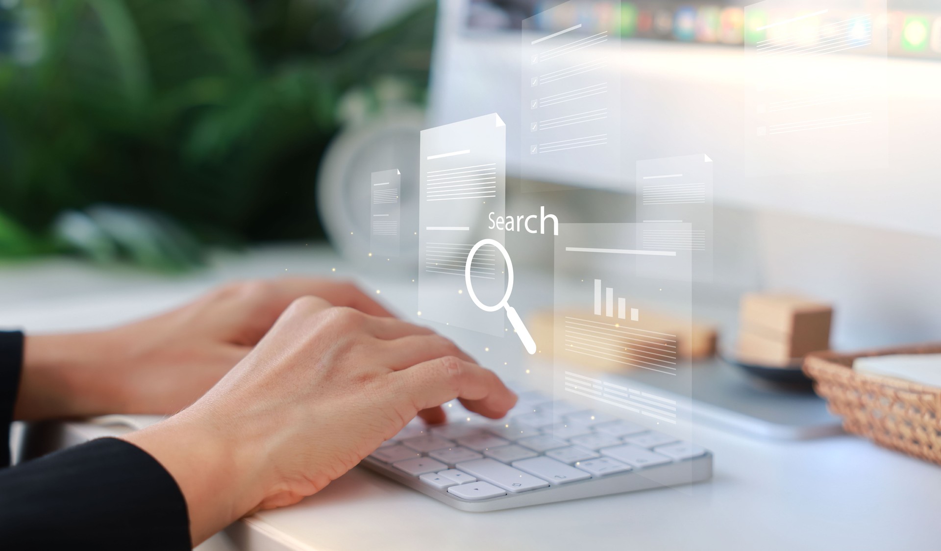 Hands typing on a white keyboard with search bar overlay, representing internet browsing, SEO, online research, digital marketing, communication, data input, coding and information search concept.
