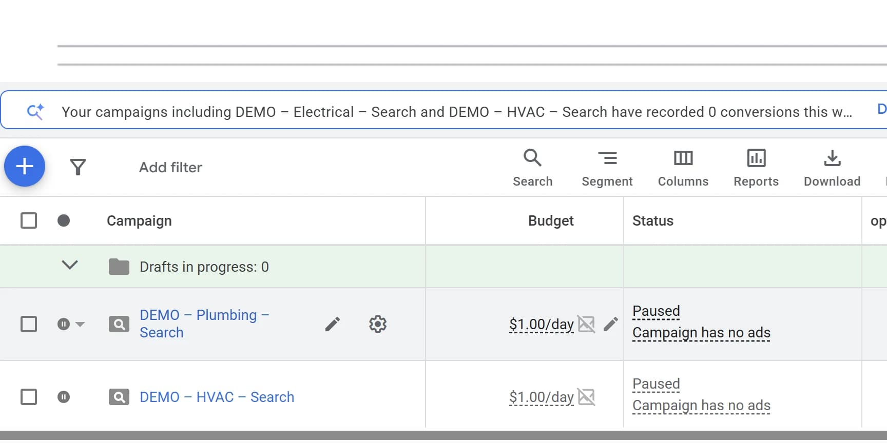 The campaigns table with a campaign row hovered and the gear icon next to its name highlighted.