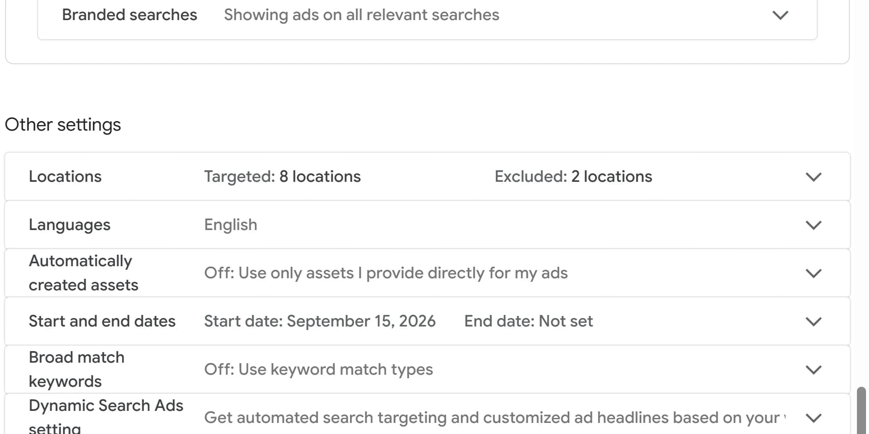 The campaign Settings panel with the Locations row under Other settings highlighted.