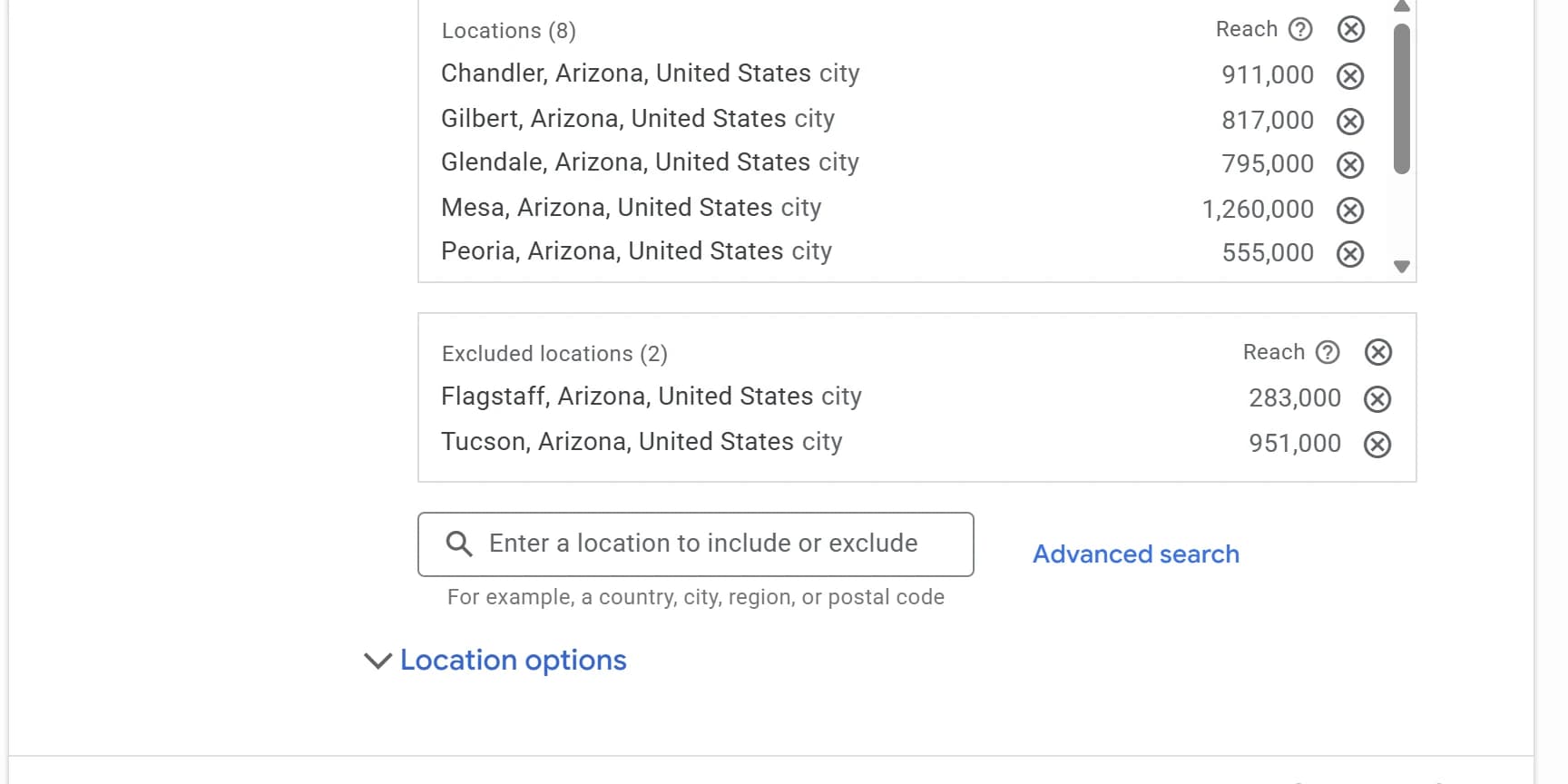The Locations editor with Location options, below the location search box, highlighted.