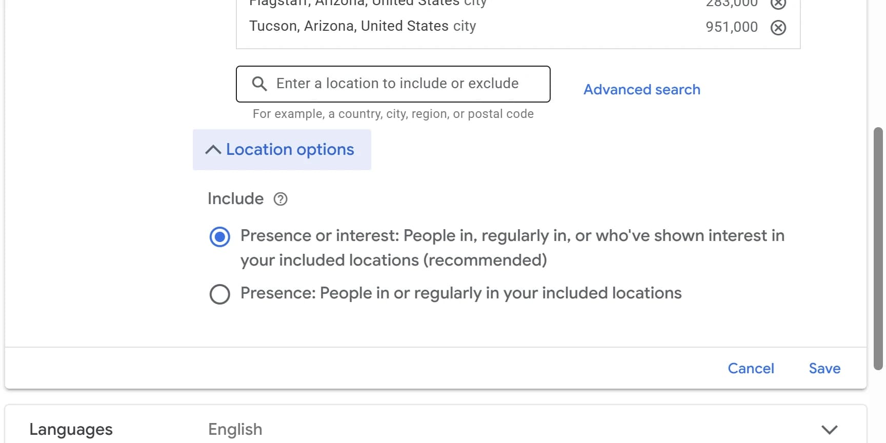 Location options open, with Presence or interest selected and the Presence option highlighted.