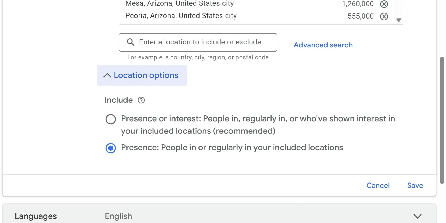 Presence selected under Include, with the Save button highlighted.